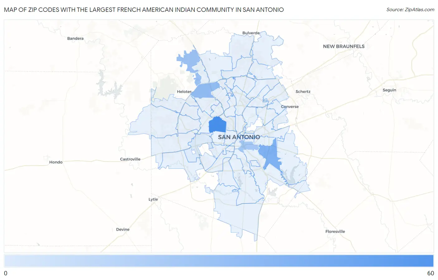 Zip Codes with the Largest French American Indian Community in San Antonio Map