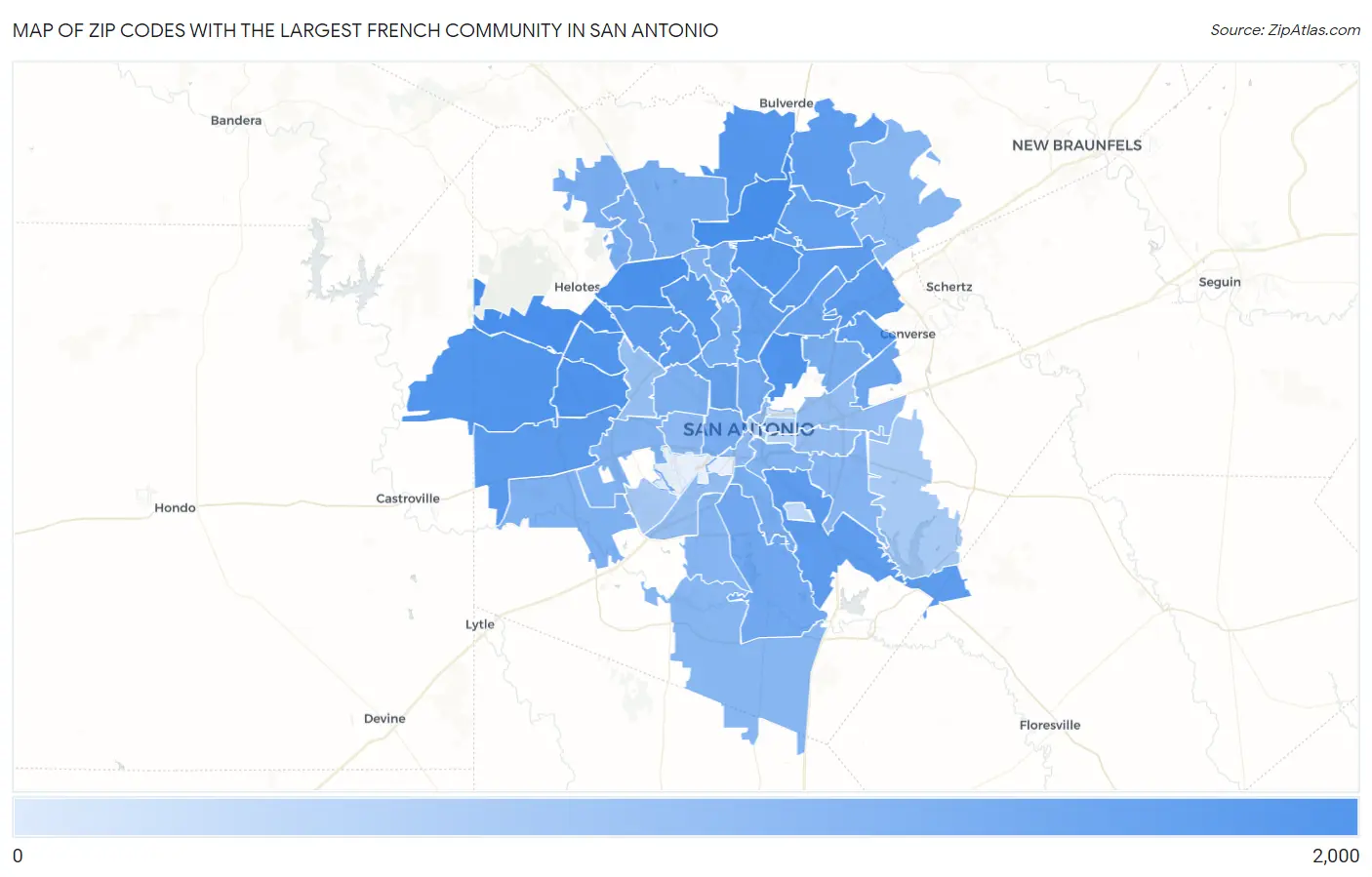 Zip Codes with the Largest French Community in San Antonio Map