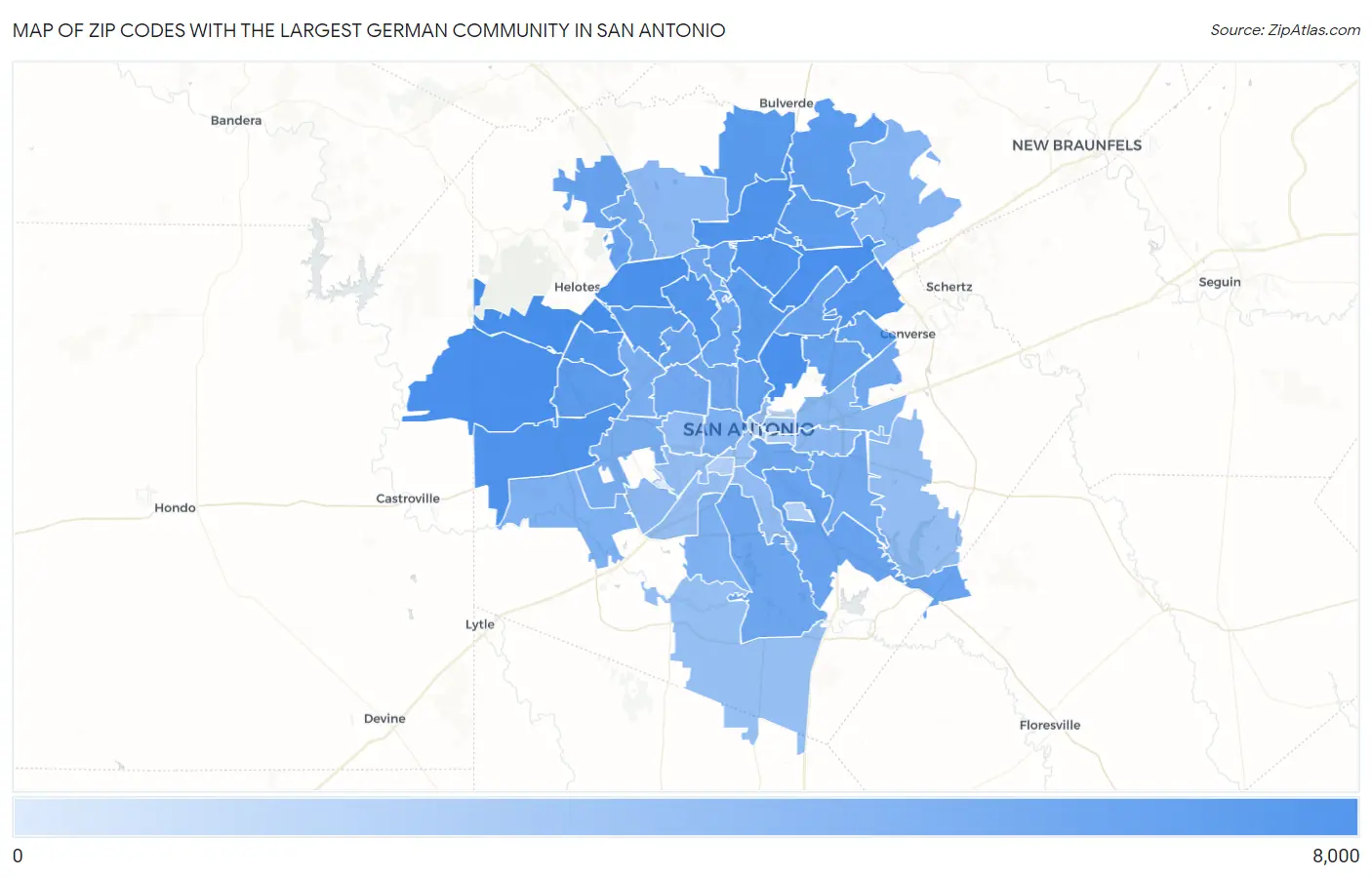 Zip Codes with the Largest German Community in San Antonio Map
