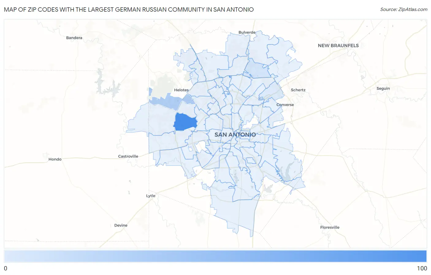 Zip Codes with the Largest German Russian Community in San Antonio Map