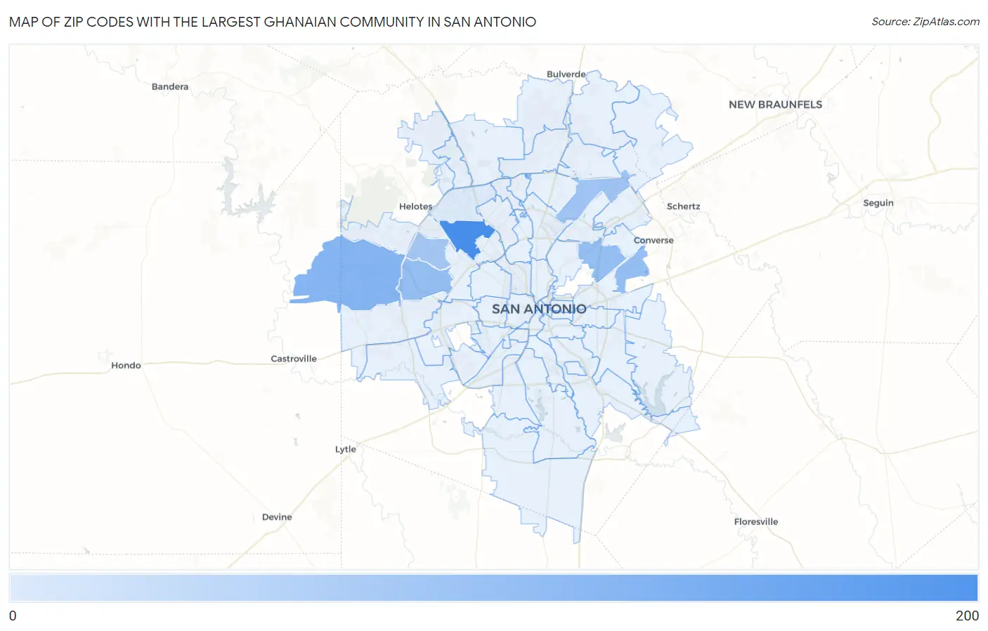 Zip Codes with the Largest Ghanaian Community in San Antonio Map