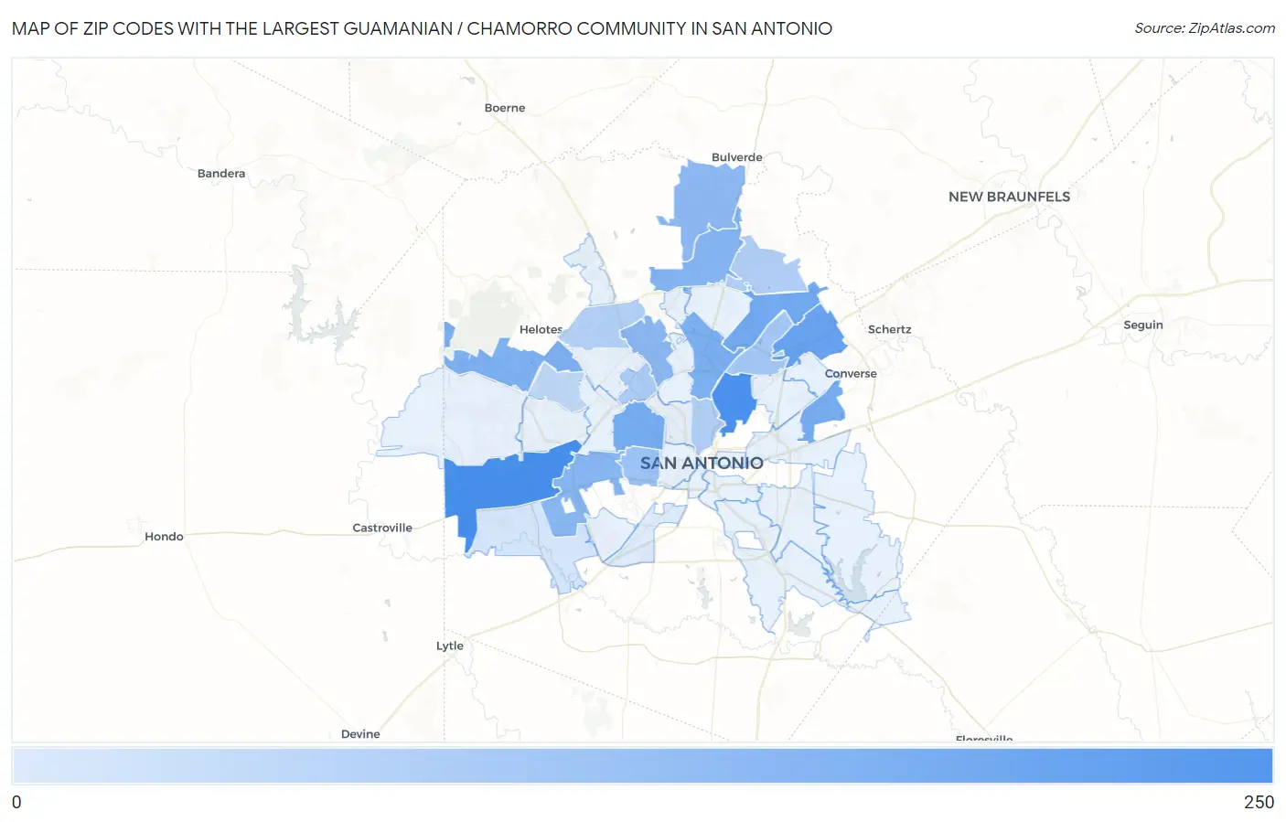 Zip Codes with the Largest Guamanian / Chamorro Community in San Antonio Map