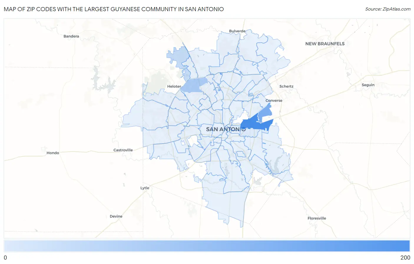 Zip Codes with the Largest Guyanese Community in San Antonio Map