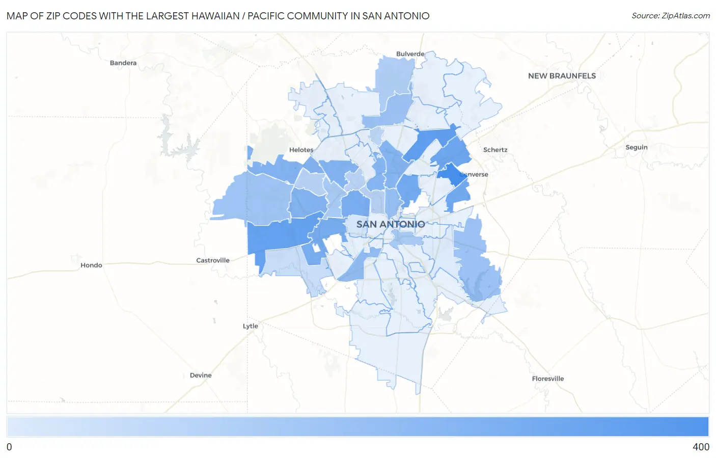 Zip Codes with the Largest Hawaiian / Pacific Community in San Antonio Map