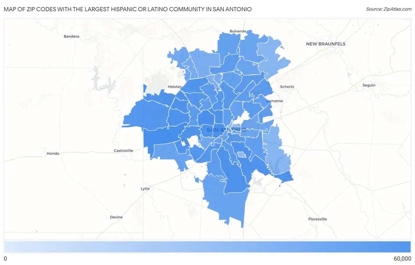 Zip Codes with the Largest Hispanic or Latino Community in San Antonio Map