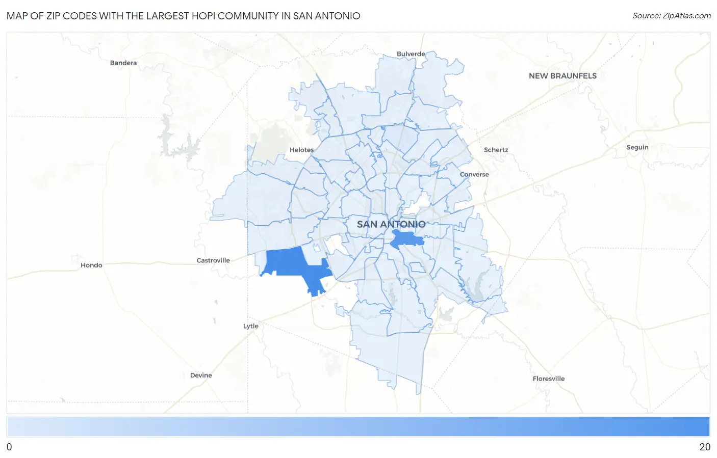 Zip Codes with the Largest Hopi Community in San Antonio Map