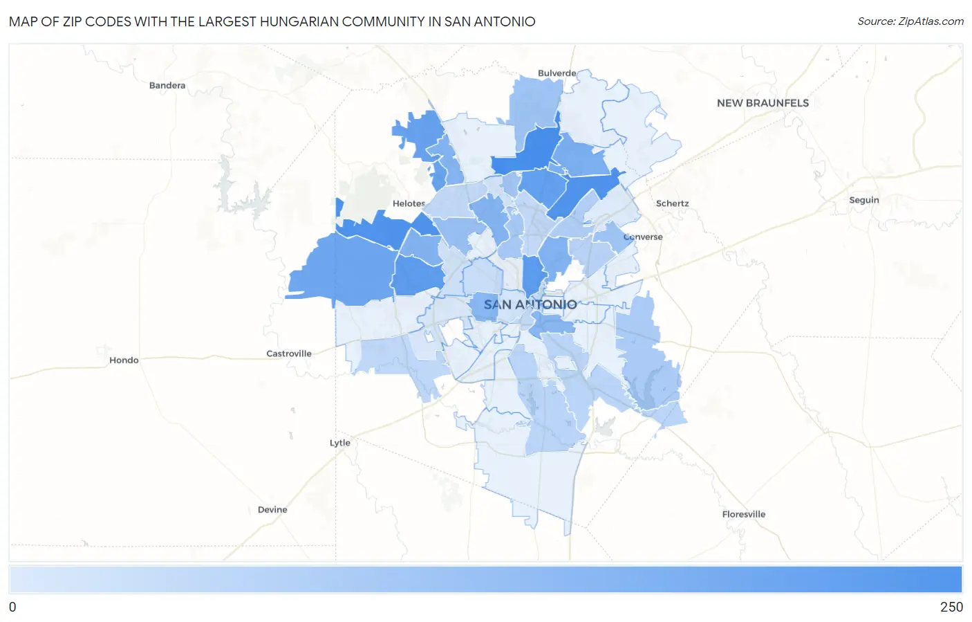 Zip Codes with the Largest Hungarian Community in San Antonio Map