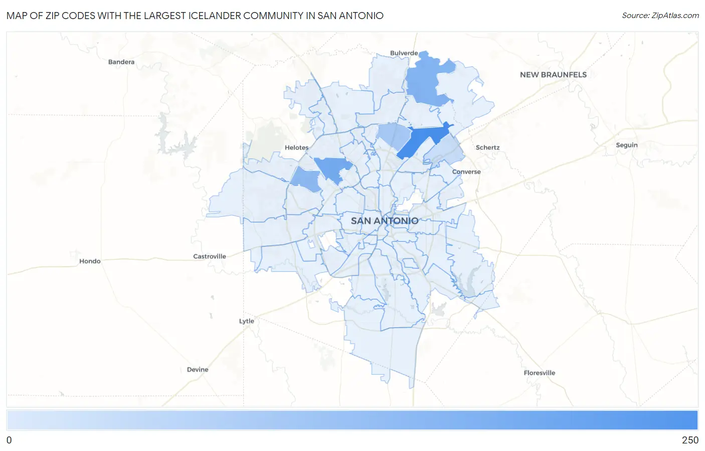Zip Codes with the Largest Icelander Community in San Antonio Map