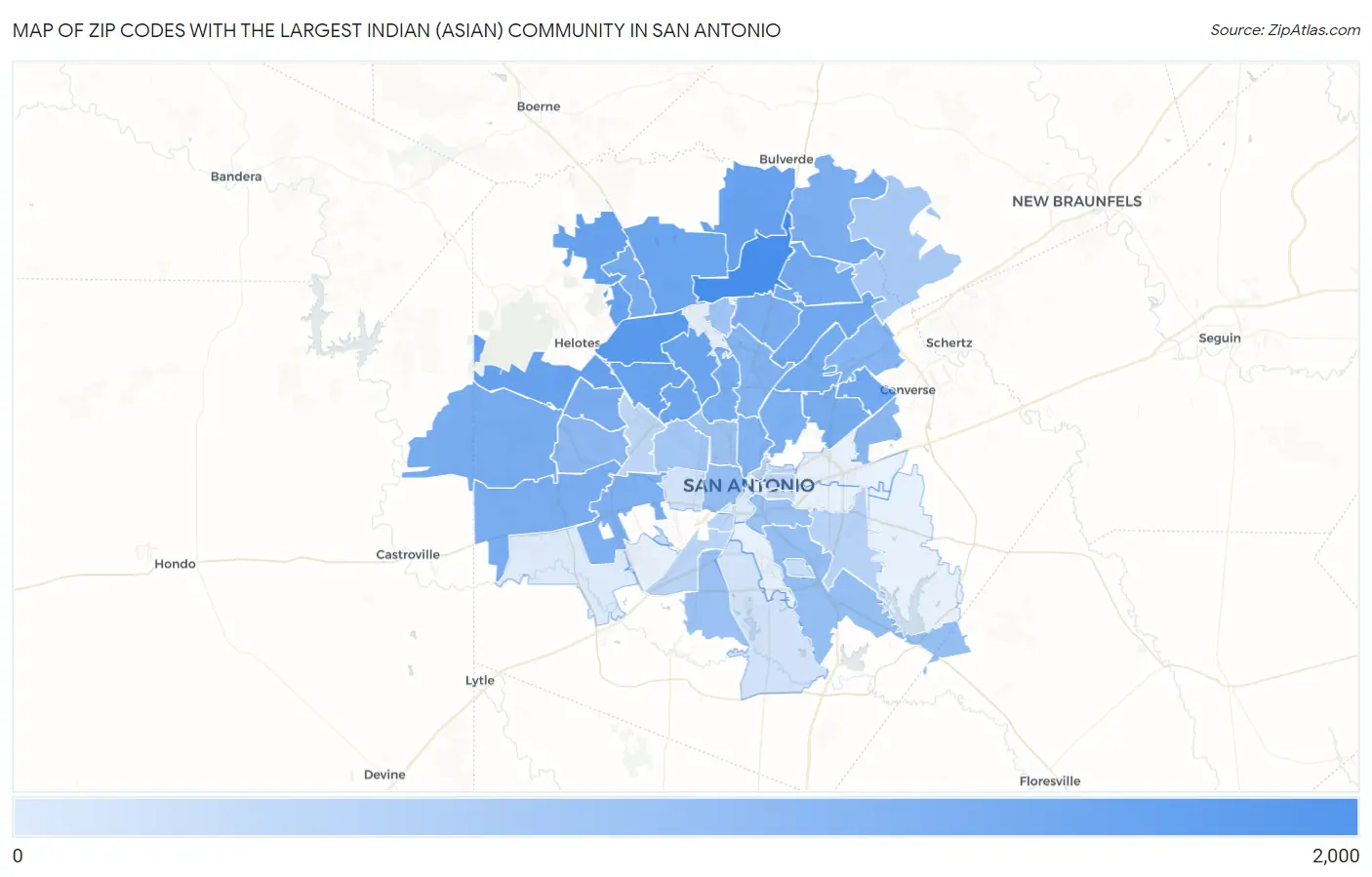 Zip Codes with the Largest Indian (Asian) Community in San Antonio Map