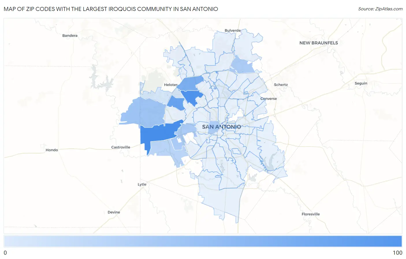 Zip Codes with the Largest Iroquois Community in San Antonio Map