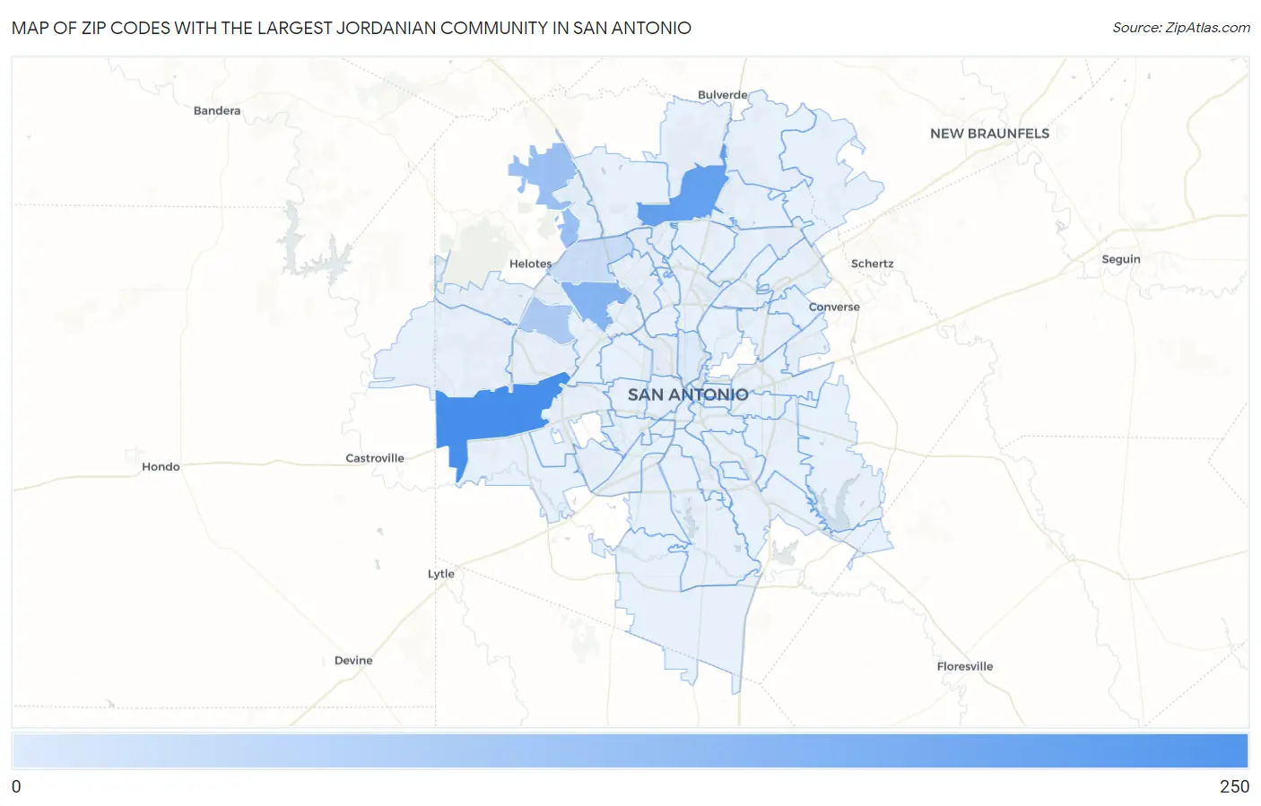 Zip Codes with the Largest Jordanian Community in San Antonio Map