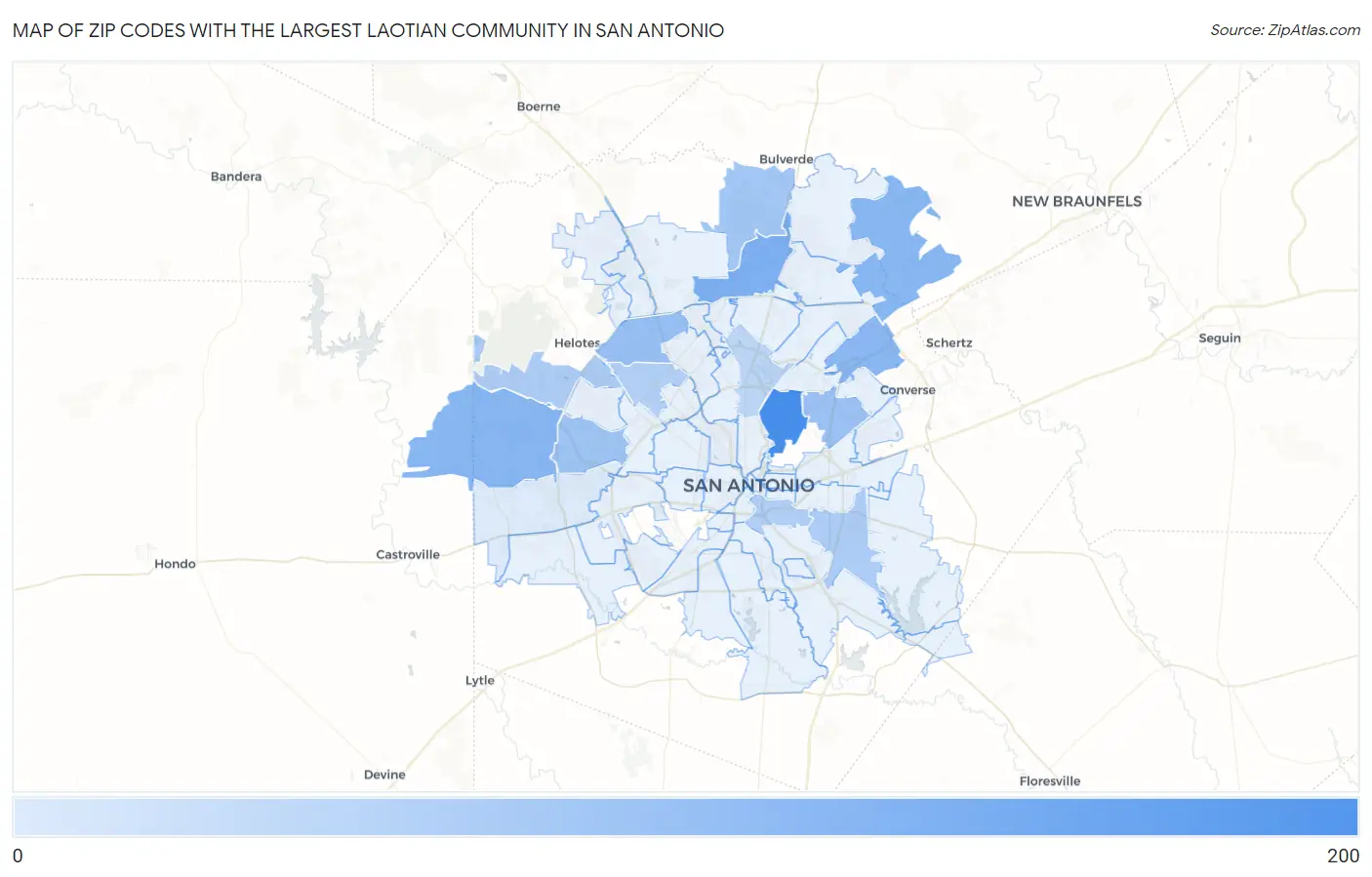 Zip Codes with the Largest Laotian Community in San Antonio Map