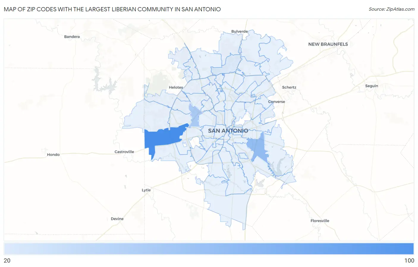 Zip Codes with the Largest Liberian Community in San Antonio Map