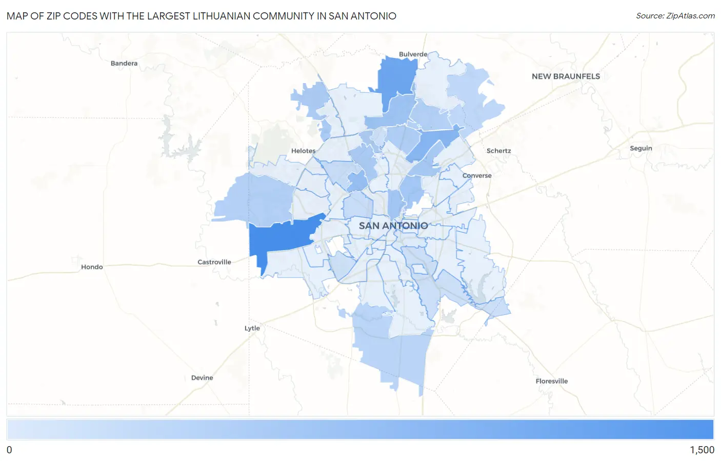 Zip Codes with the Largest Lithuanian Community in San Antonio Map