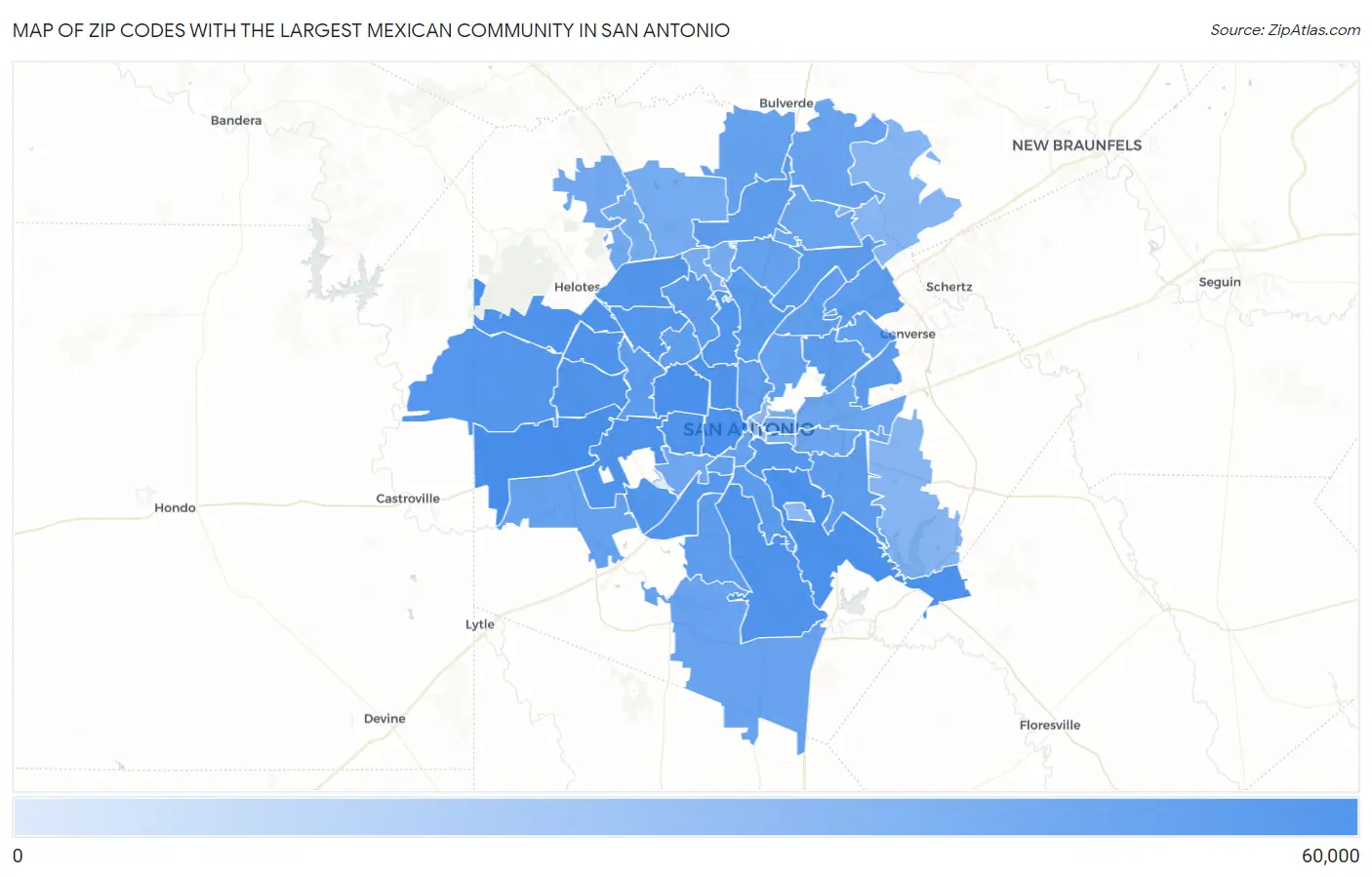 Zip Codes with the Largest Mexican Community in San Antonio Map