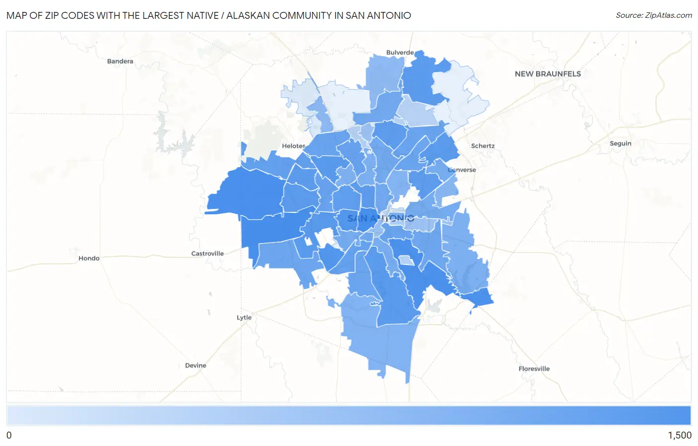 Zip Codes with the Largest Native / Alaskan Community in San Antonio Map