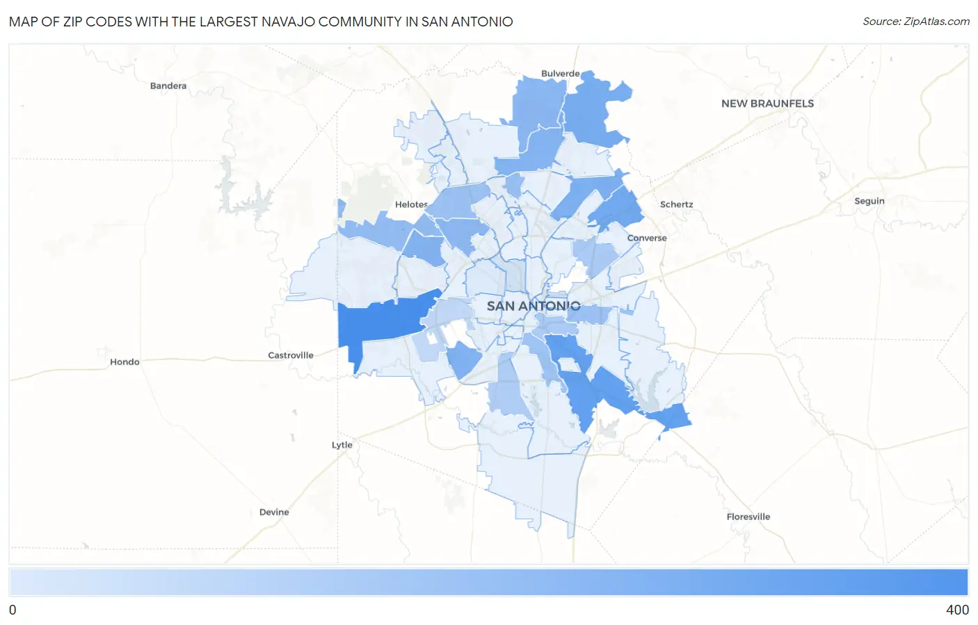 Zip Codes with the Largest Navajo Community in San Antonio Map