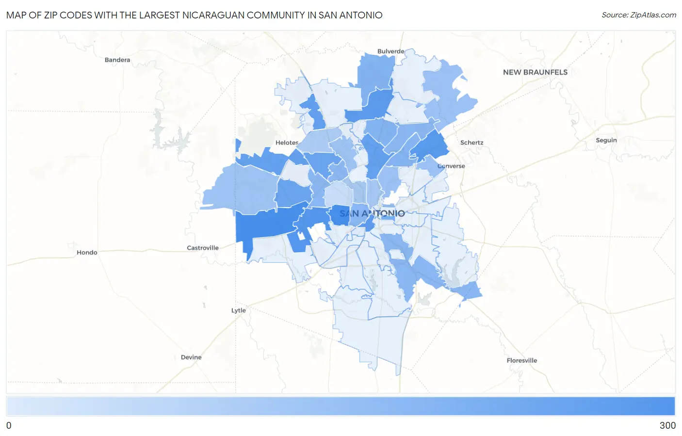 Zip Codes with the Largest Nicaraguan Community in San Antonio Map