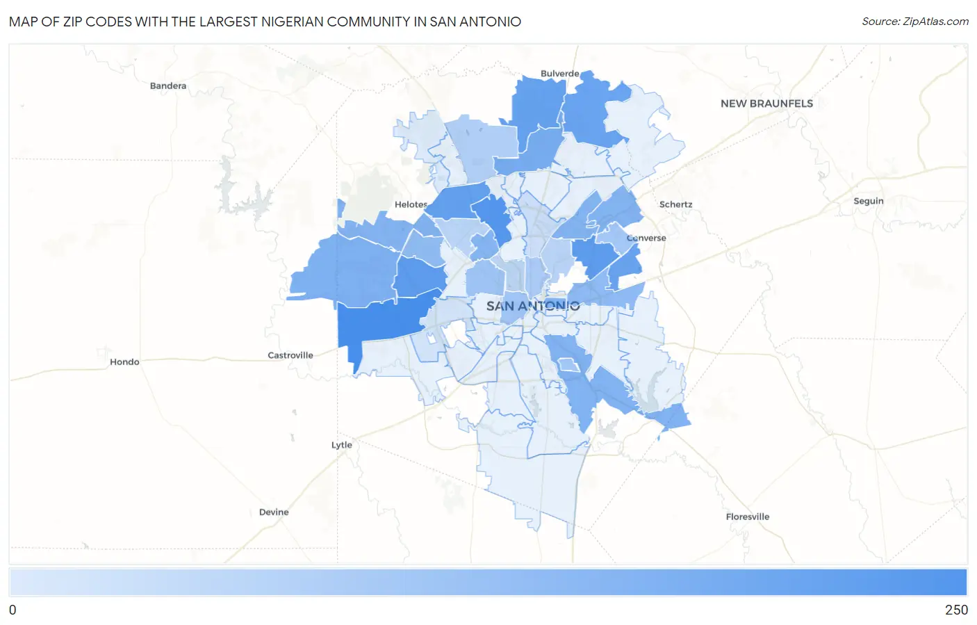 Zip Codes with the Largest Nigerian Community in San Antonio Map