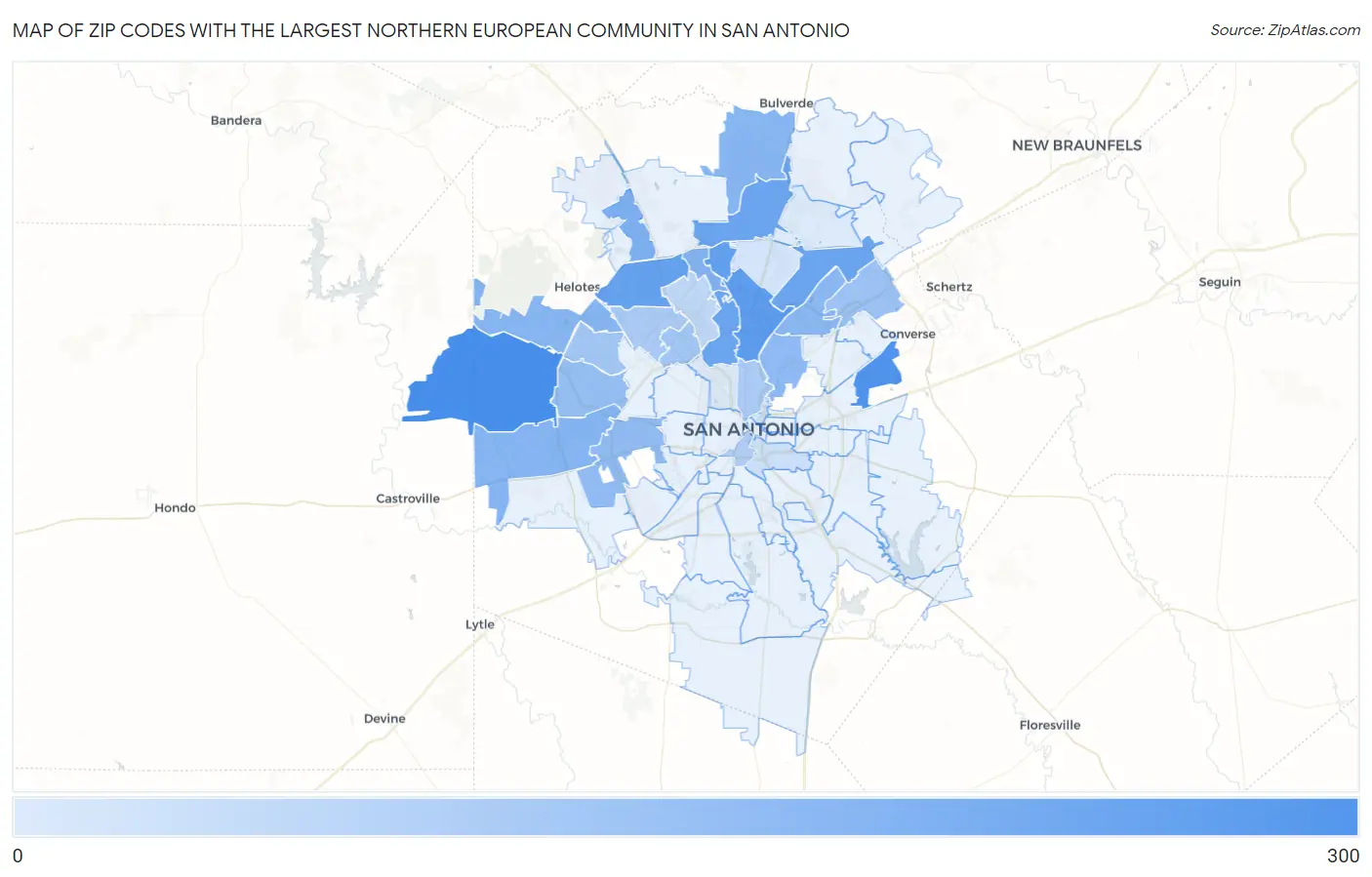 Zip Codes with the Largest Northern European Community in San Antonio Map
