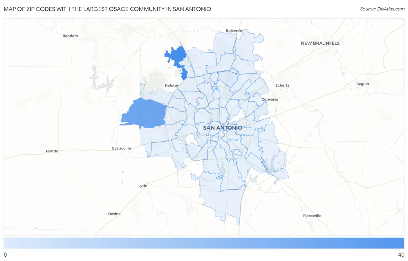 Zip Codes with the Largest Osage Community in San Antonio Map