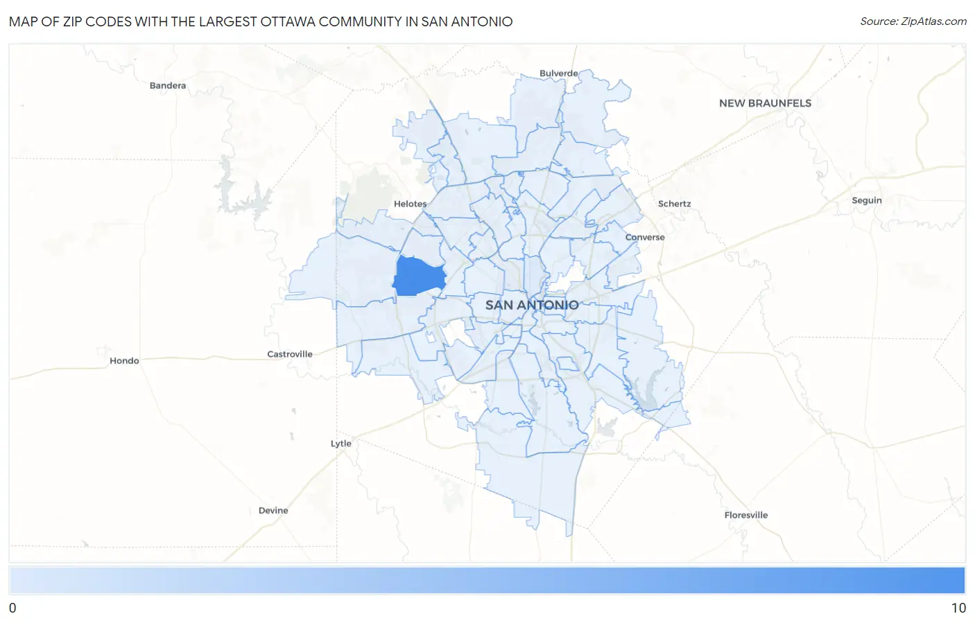 Zip Codes with the Largest Ottawa Community in San Antonio Map