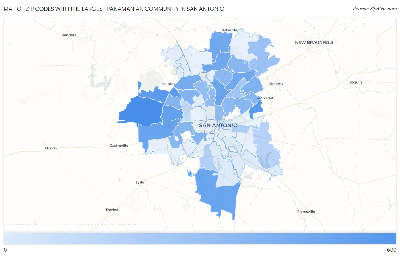 Zip Codes with the Largest Panamanian Community in San Antonio Map