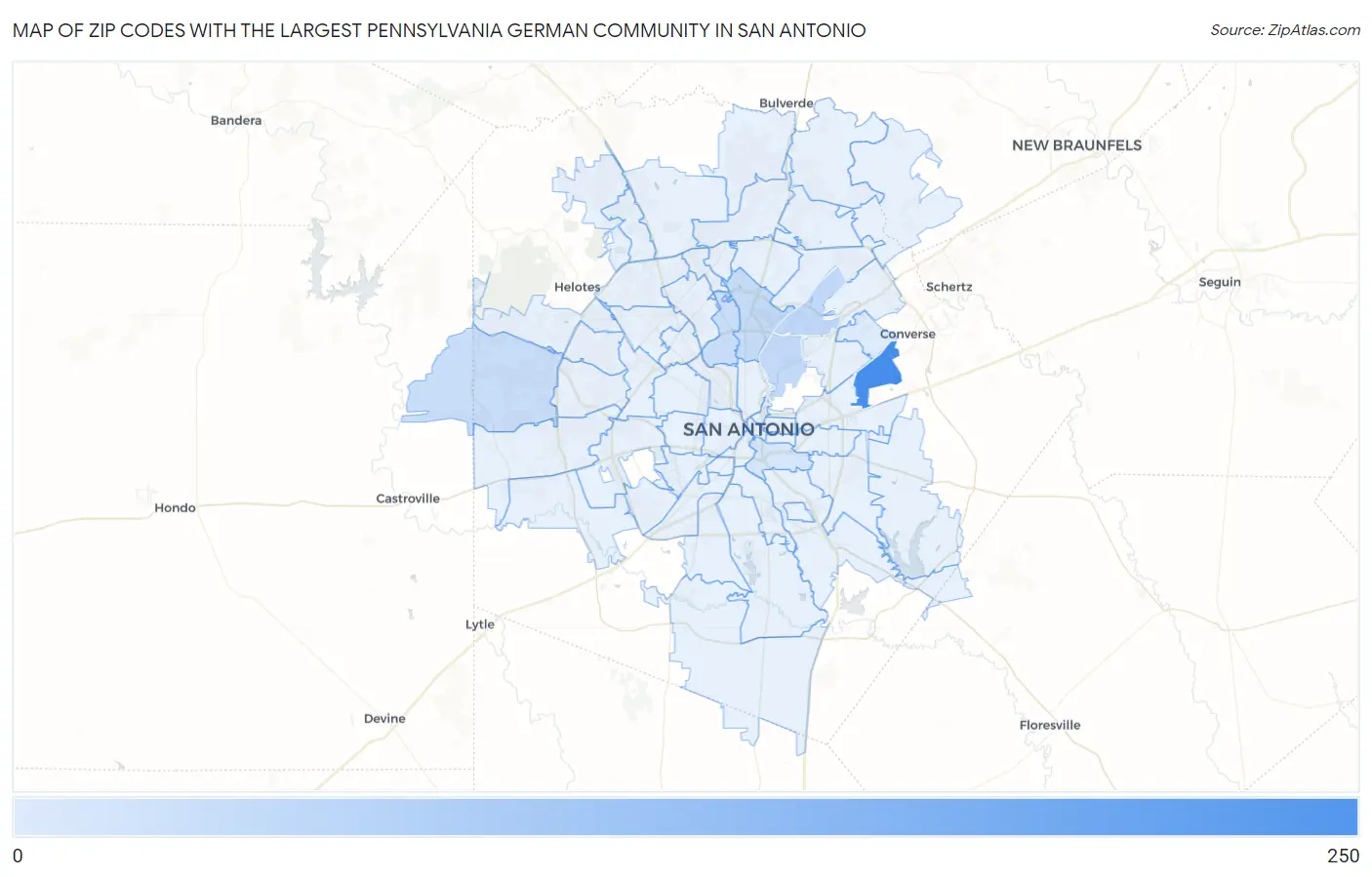 Zip Codes with the Largest Pennsylvania German Community in San Antonio Map