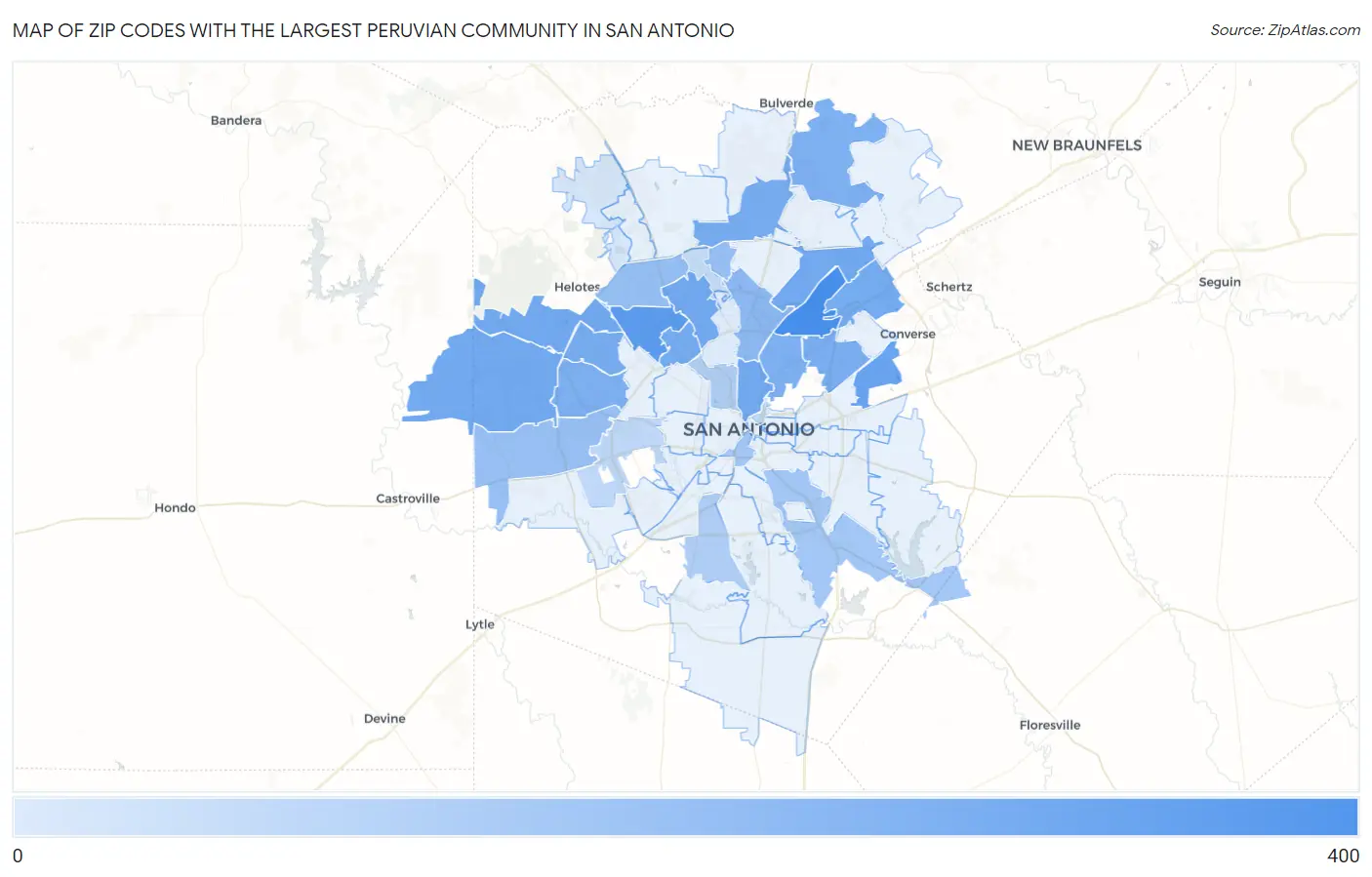 Zip Codes with the Largest Peruvian Community in San Antonio Map