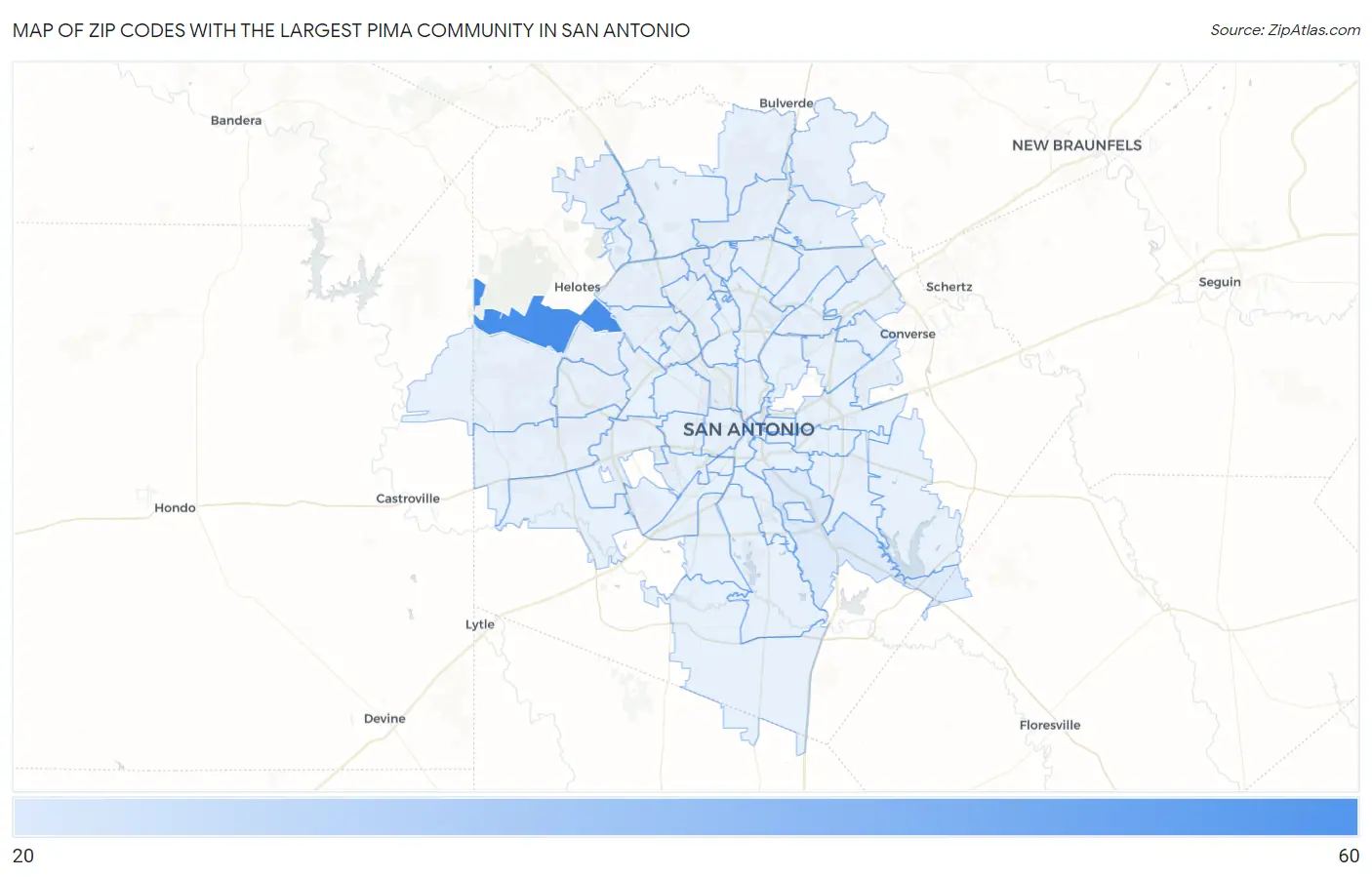Zip Codes with the Largest Pima Community in San Antonio Map