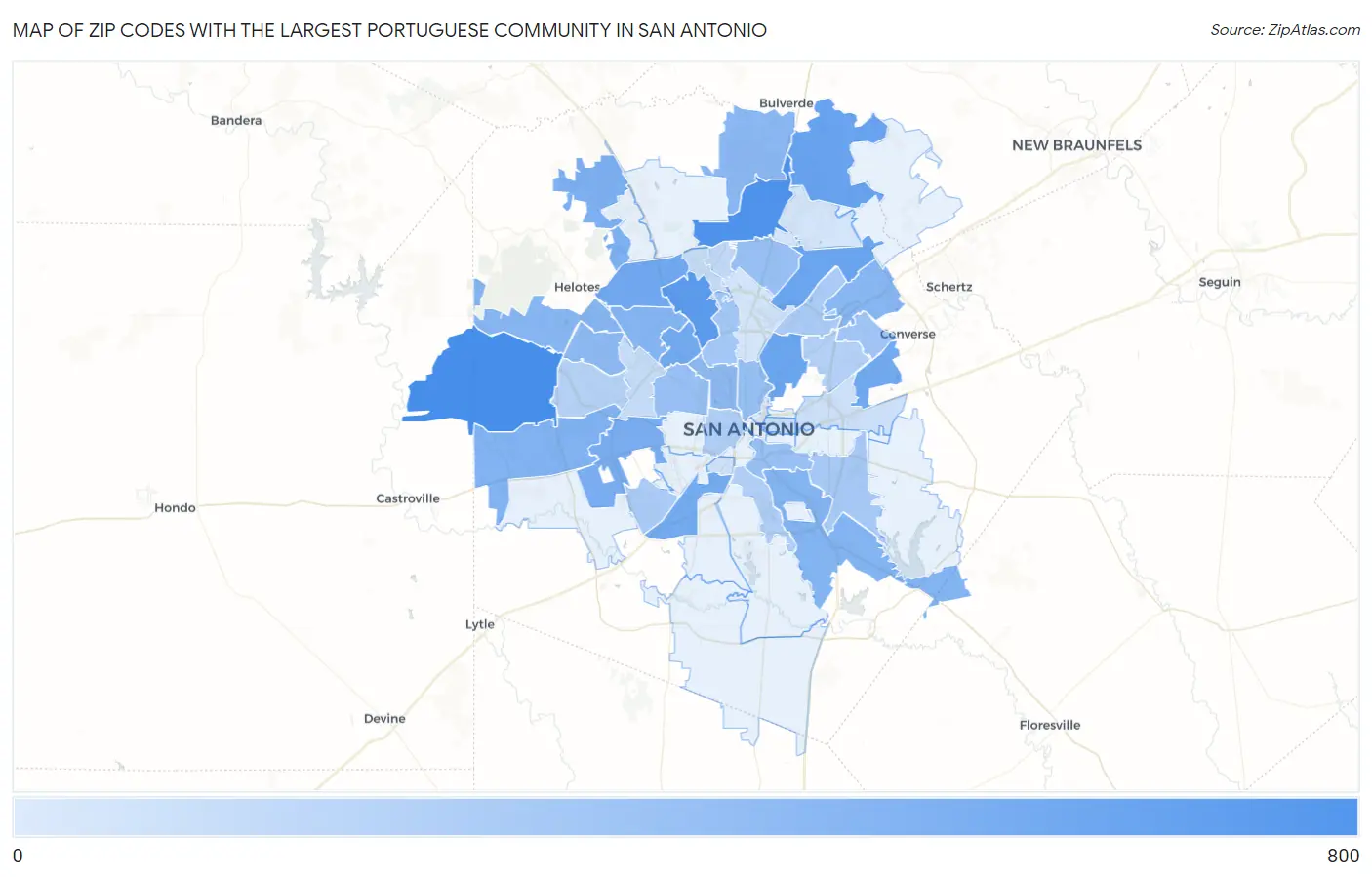 Zip Codes with the Largest Portuguese Community in San Antonio Map