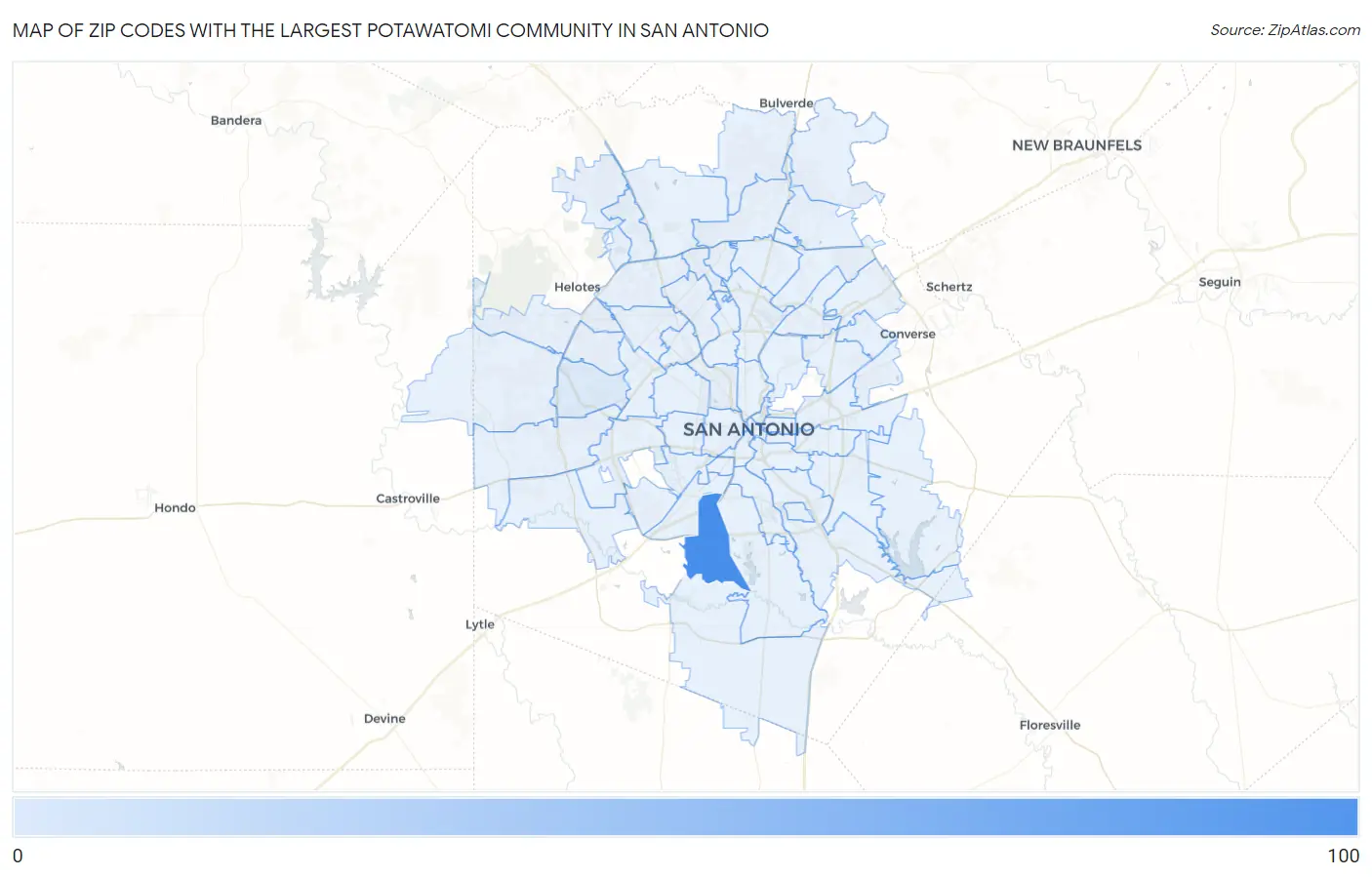 Zip Codes with the Largest Potawatomi Community in San Antonio Map