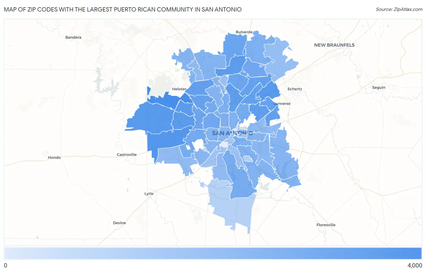 Zip Codes with the Largest Puerto Rican Community in San Antonio Map