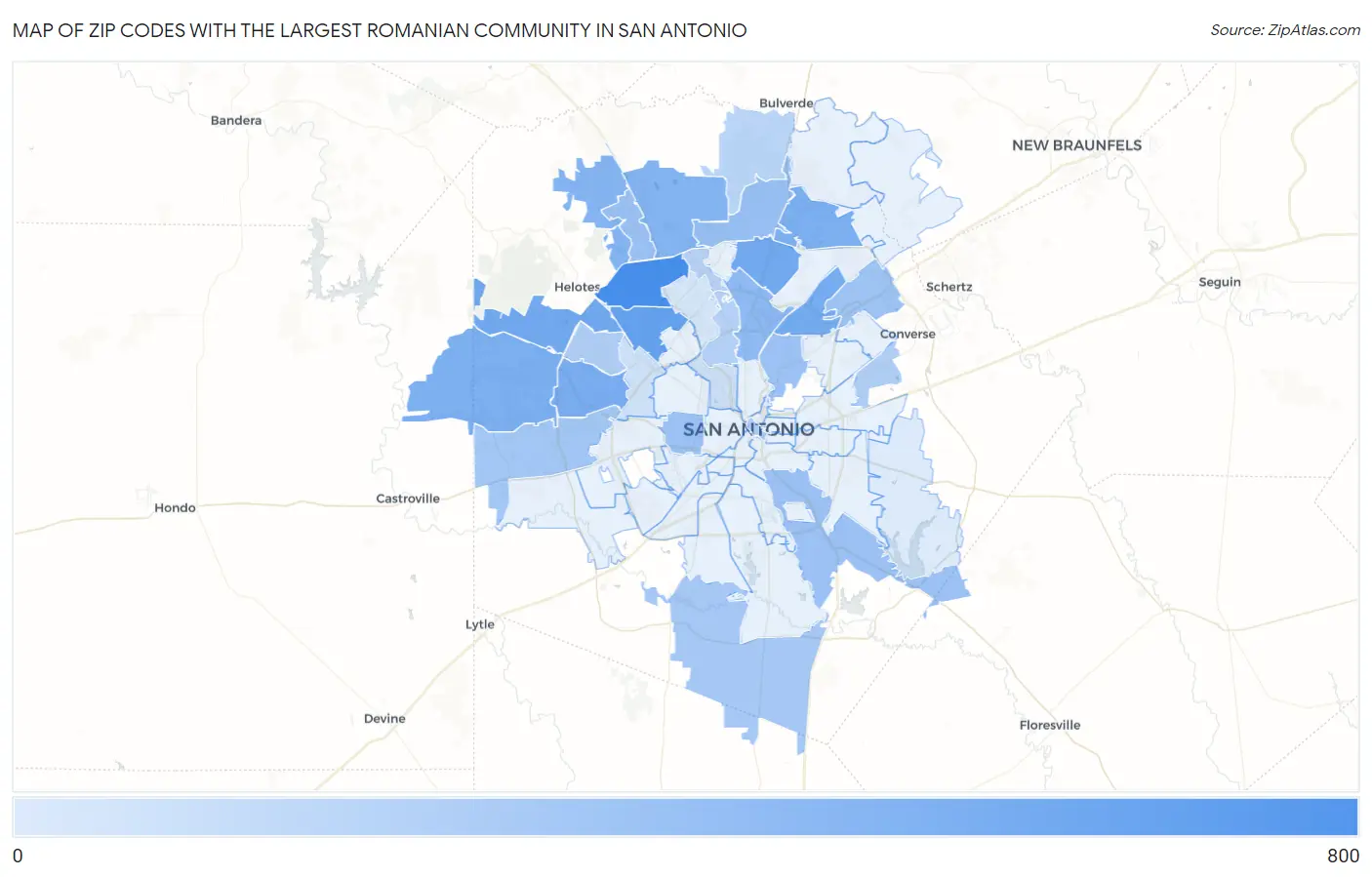 Zip Codes with the Largest Romanian Community in San Antonio Map