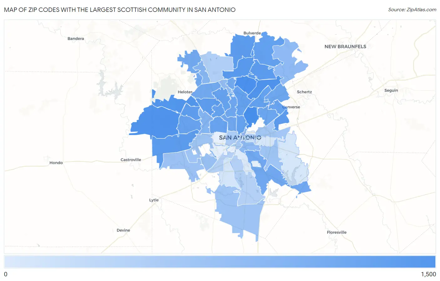 Zip Codes with the Largest Scottish Community in San Antonio Map