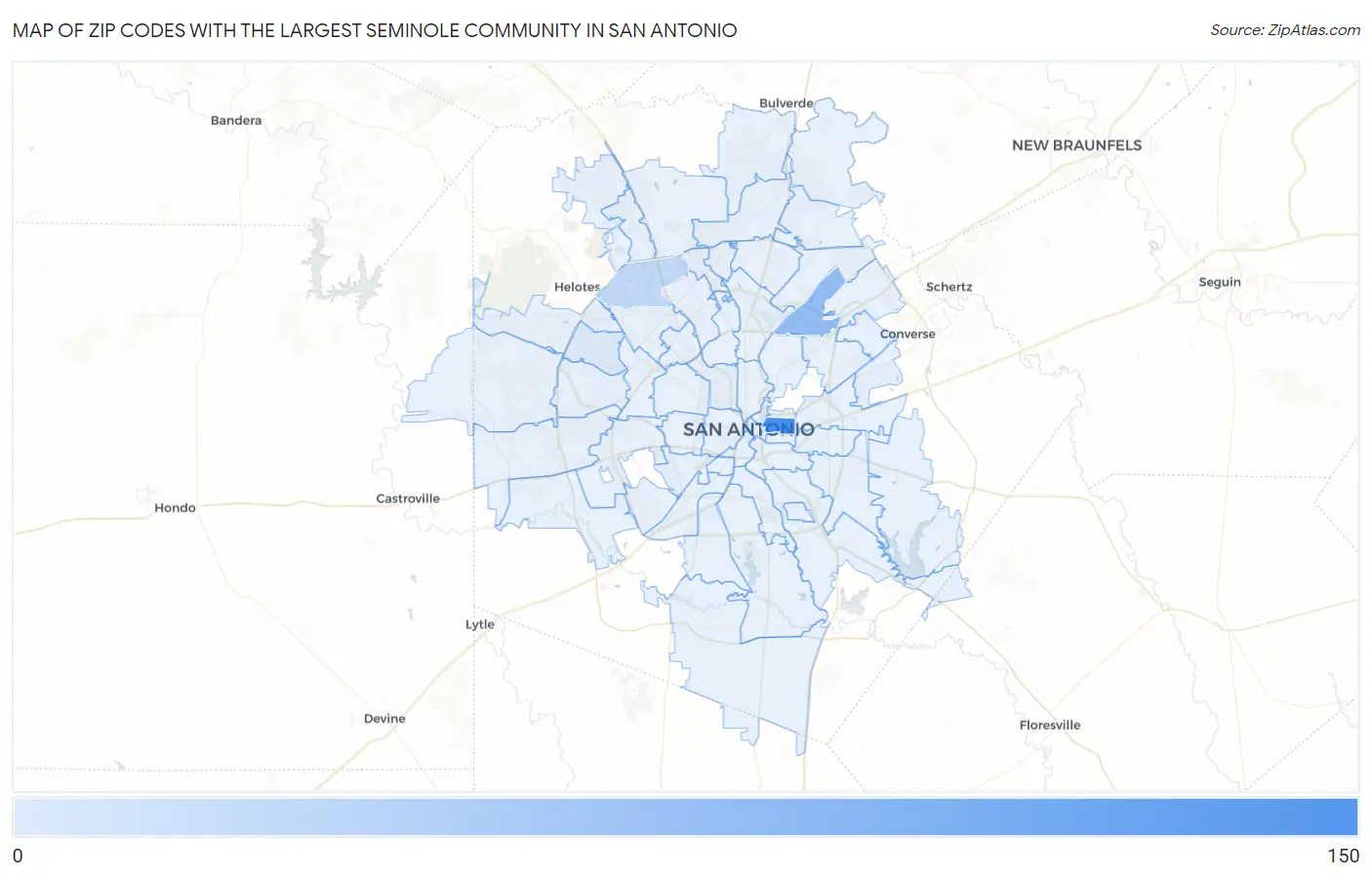 Zip Codes with the Largest Seminole Community in San Antonio Map