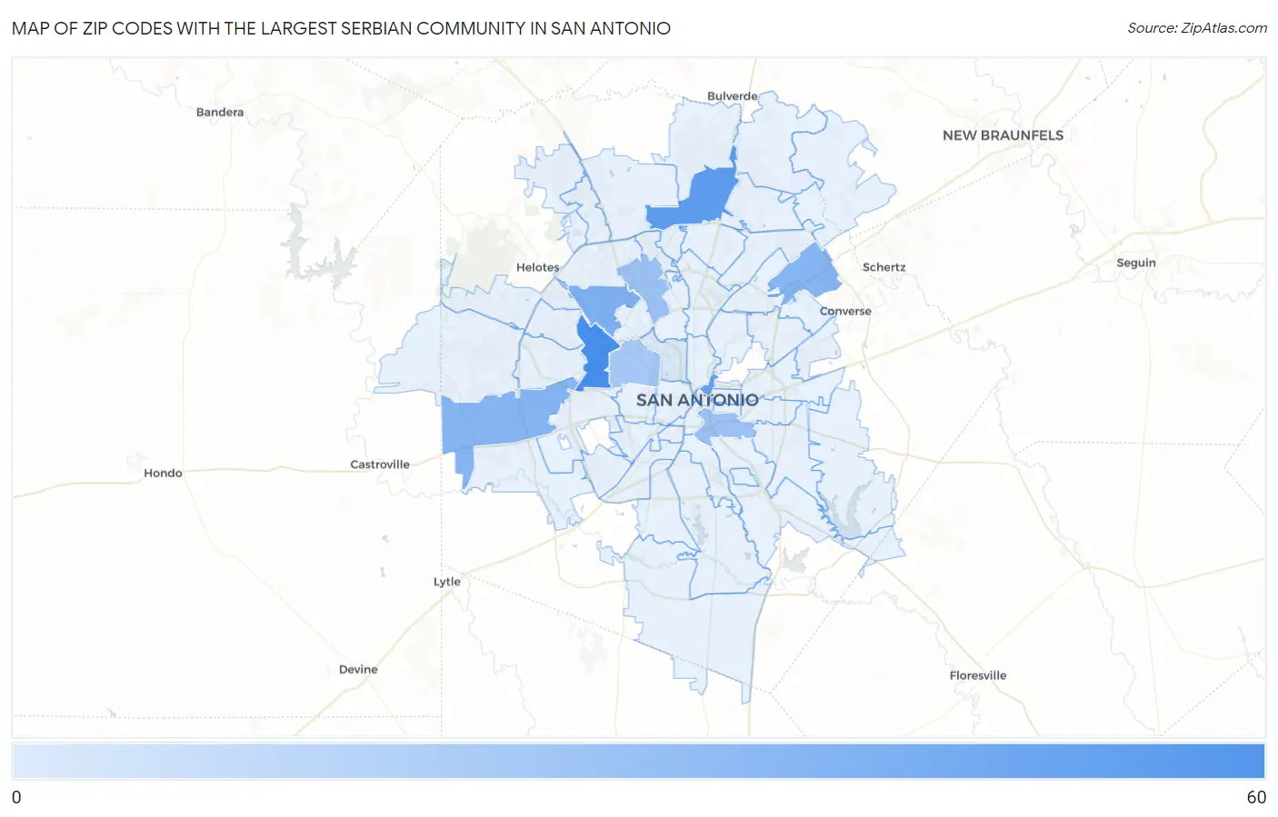 Zip Codes with the Largest Serbian Community in San Antonio Map