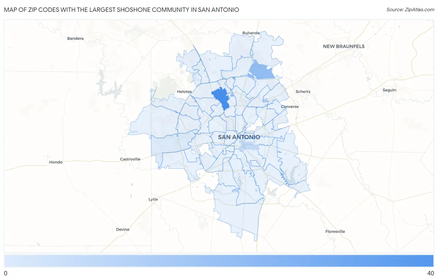 Zip Codes with the Largest Shoshone Community in San Antonio Map