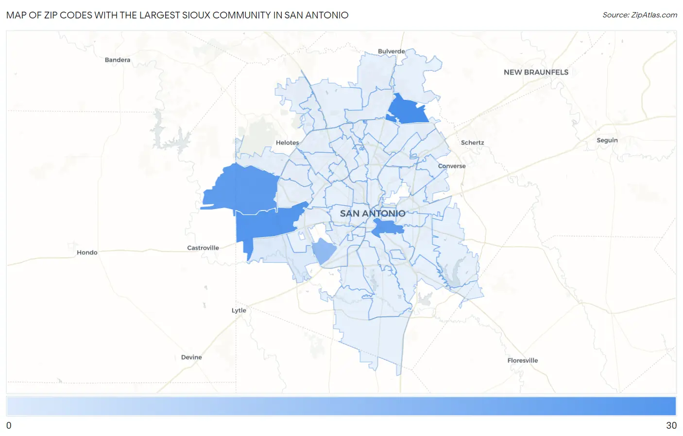 Zip Codes with the Largest Sioux Community in San Antonio Map