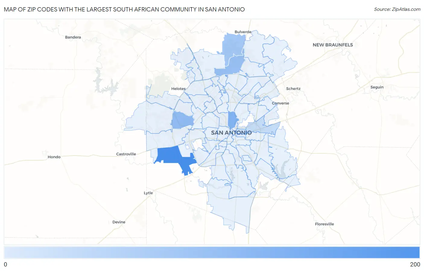 Zip Codes with the Largest South African Community in San Antonio Map