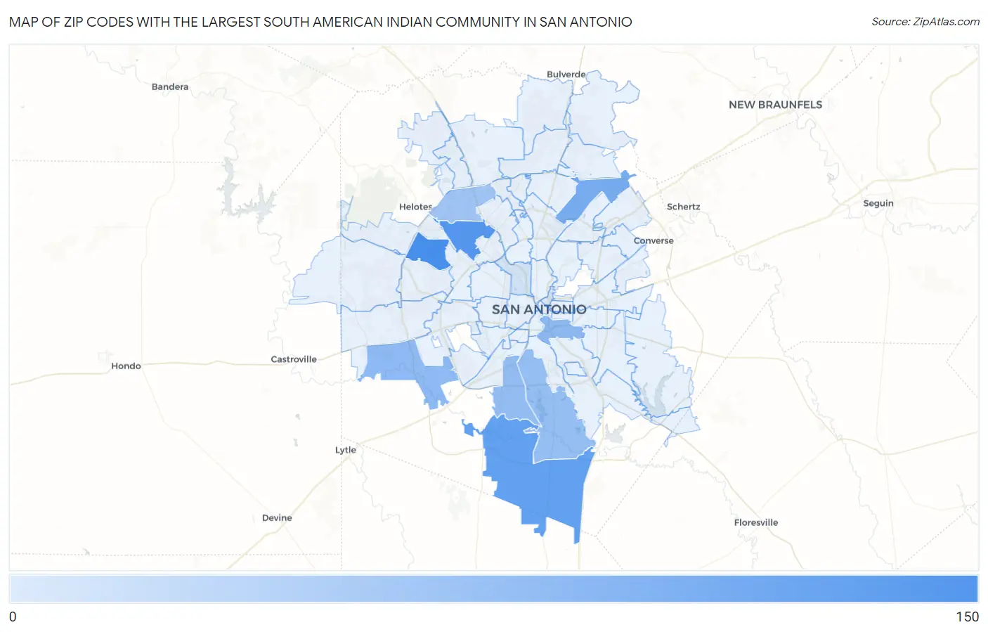 Zip Codes with the Largest South American Indian Community in San Antonio Map