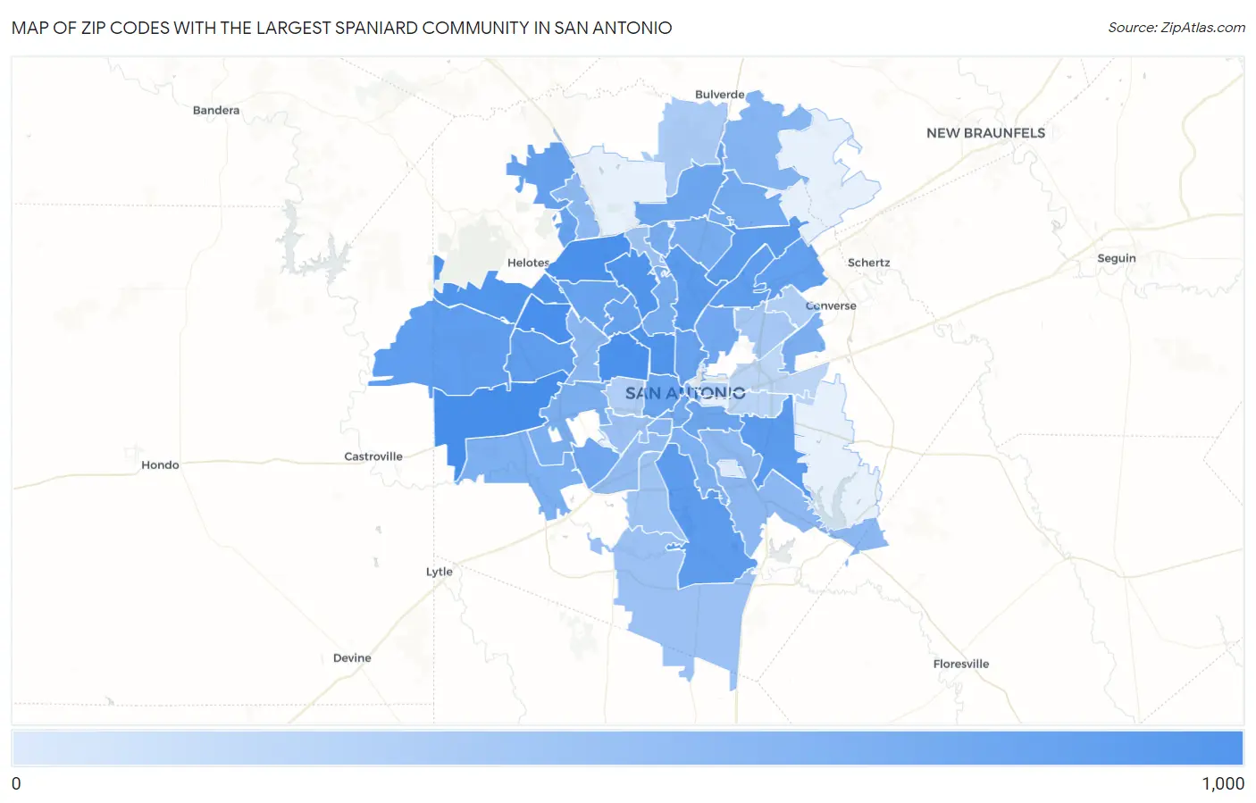 Zip Codes with the Largest Spaniard Community in San Antonio Map