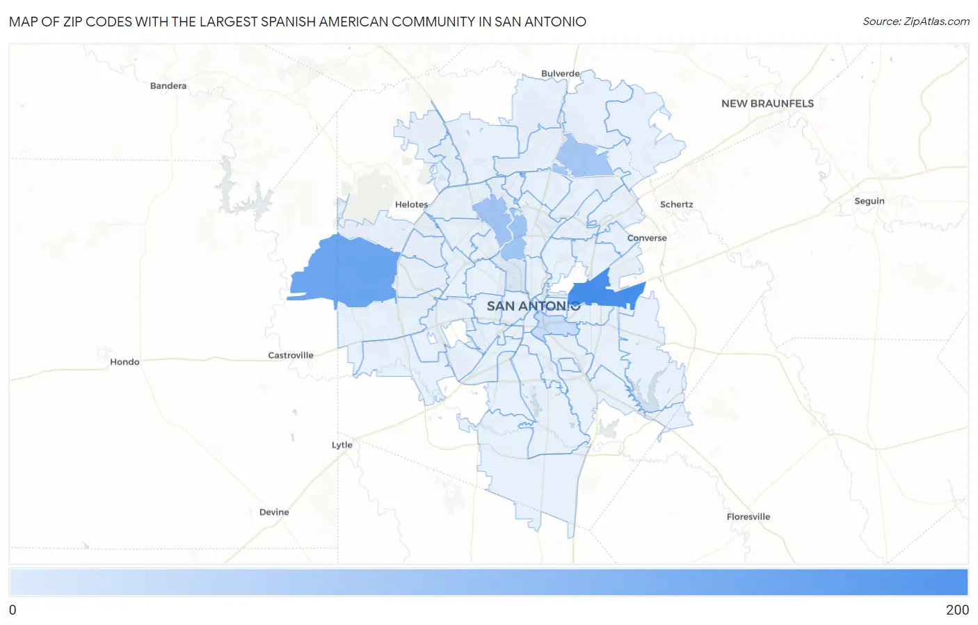Zip Codes with the Largest Spanish American Community in San Antonio Map