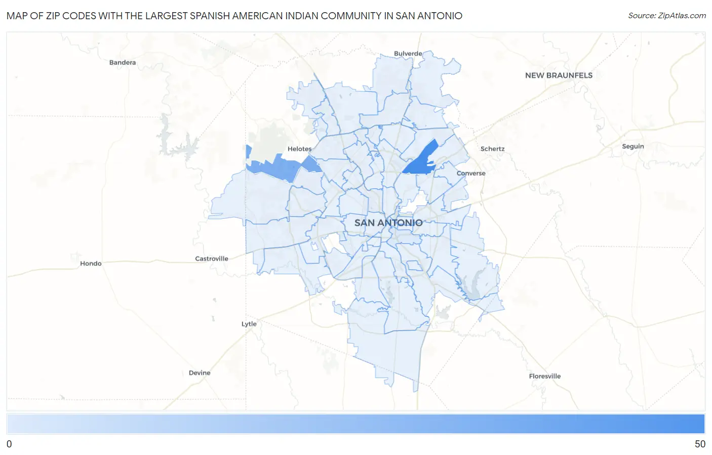 Zip Codes with the Largest Spanish American Indian Community in San Antonio Map