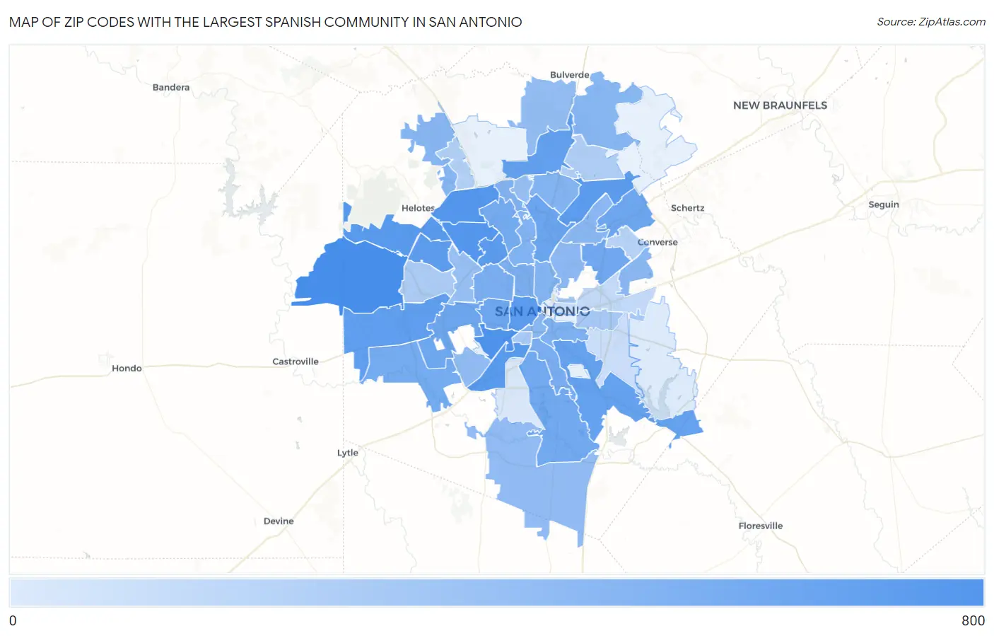 Zip Codes with the Largest Spanish Community in San Antonio Map