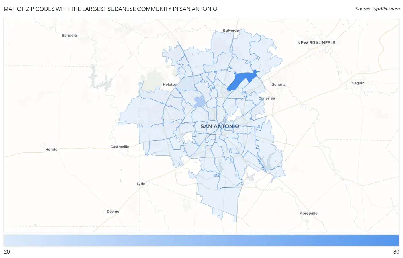 Zip Codes with the Largest Sudanese Community in San Antonio Map