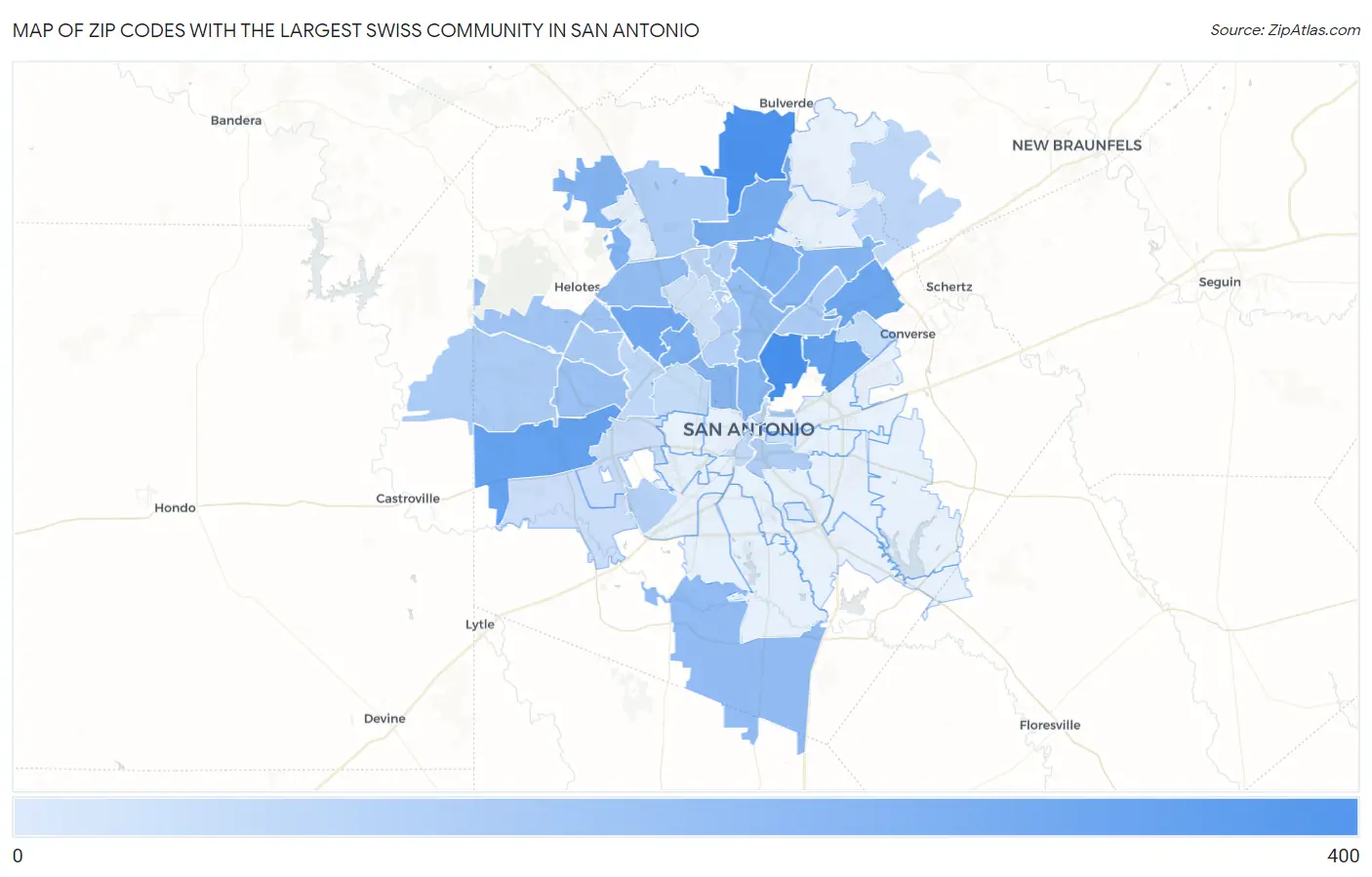 Zip Codes with the Largest Swiss Community in San Antonio Map