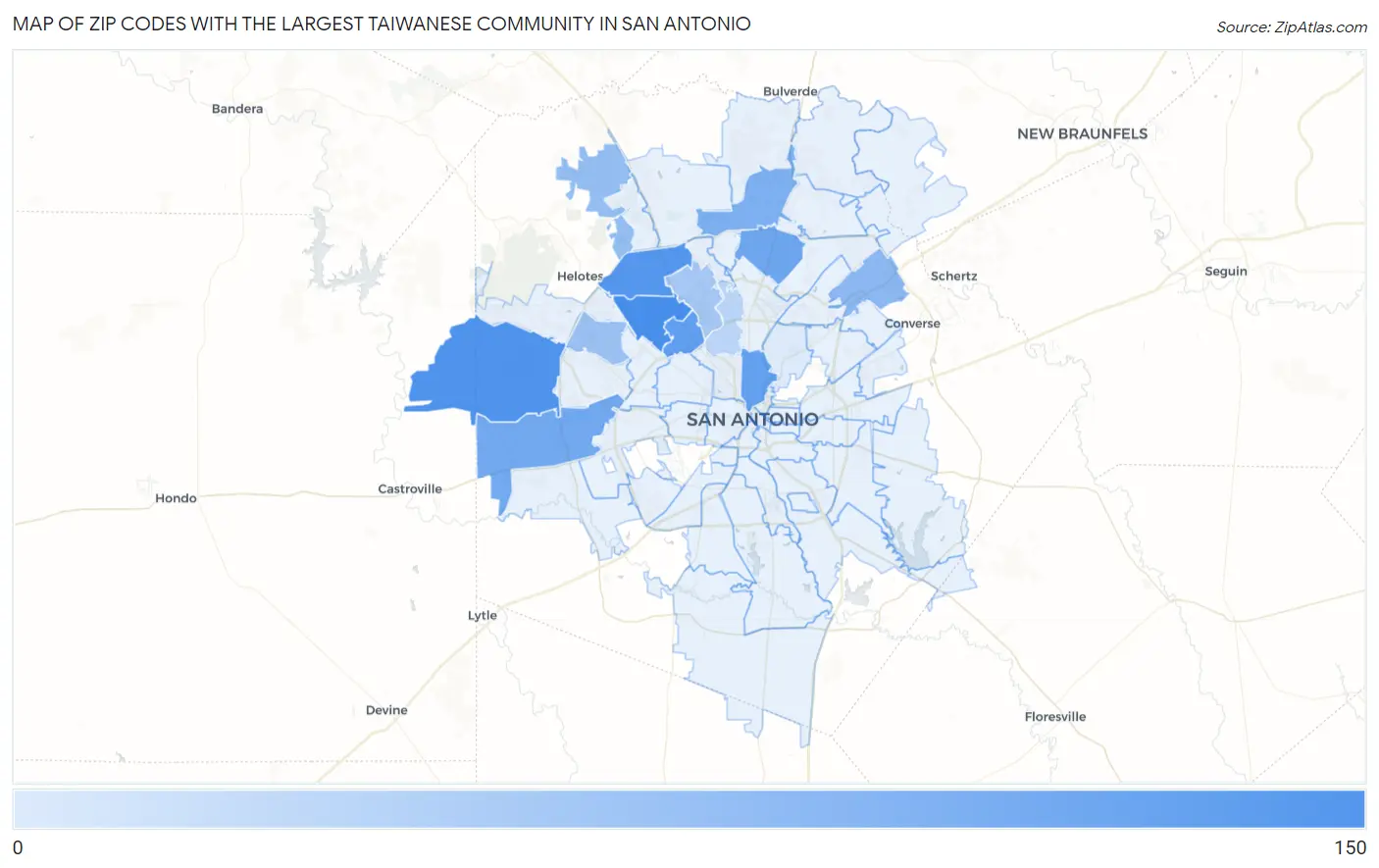 Zip Codes with the Largest Taiwanese Community in San Antonio Map