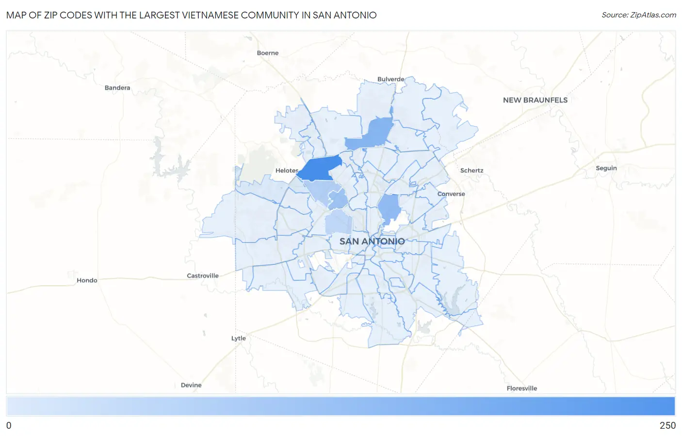 Zip Codes with the Largest Vietnamese Community in San Antonio Map