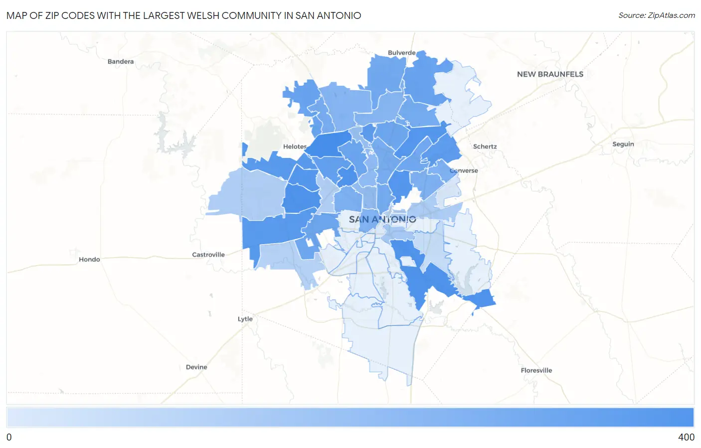 Zip Codes with the Largest Welsh Community in San Antonio Map